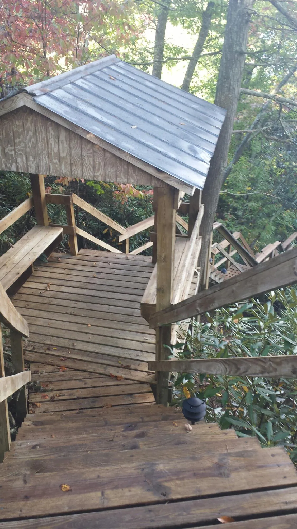 Metal roofed shelter over wooden steps on a wooded walkway — Skylight Repair & Installation work by our crew in Melstone